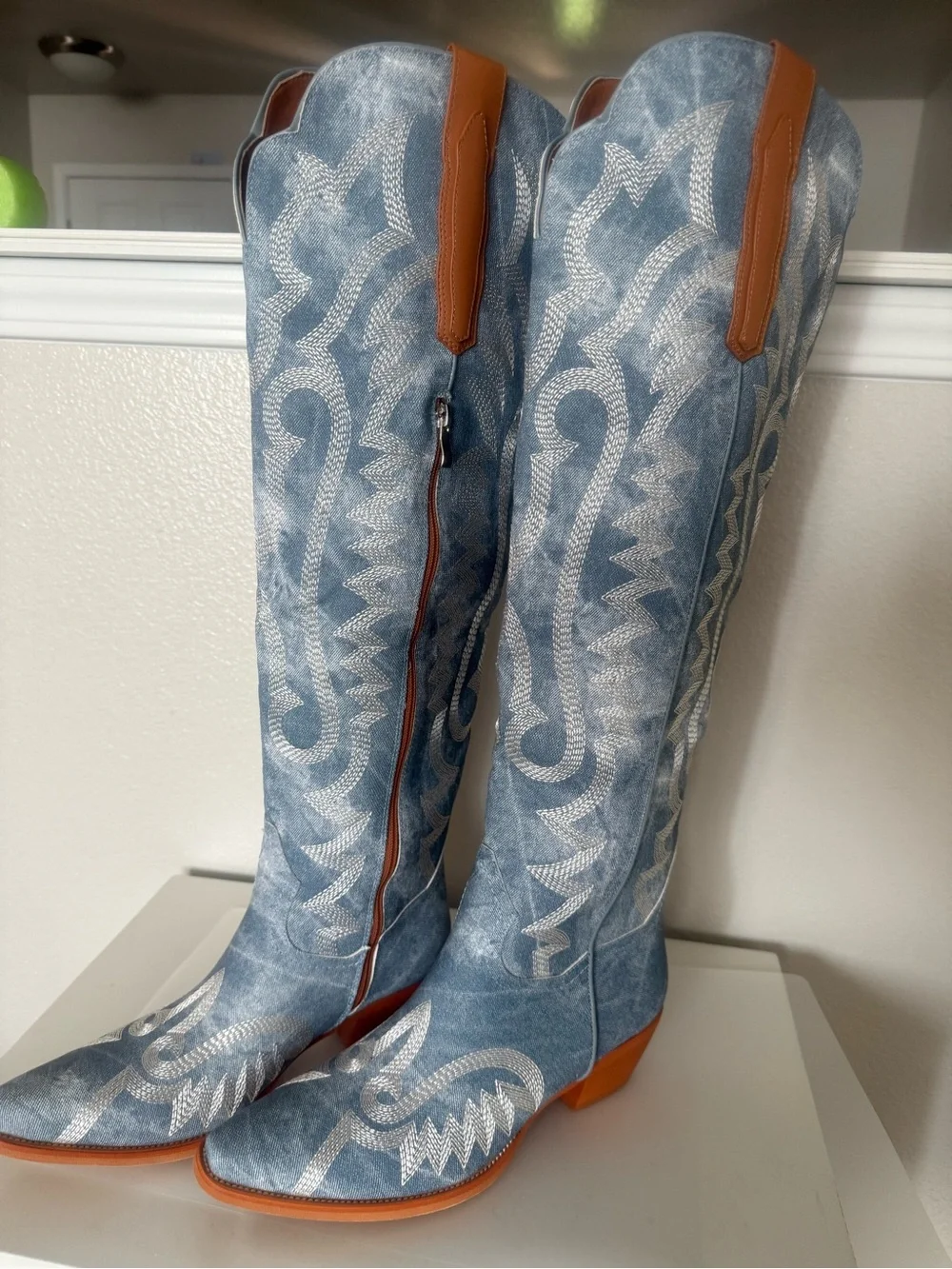 Women’s Blue Embroidered Western Knee-High Boots